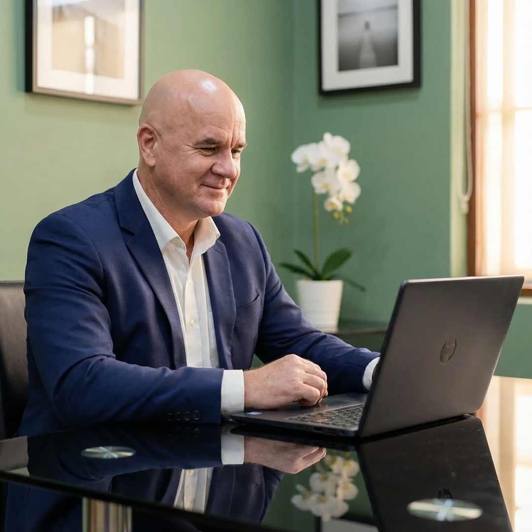 Founder of Jintara Rehab working at a laptop in the office with orchids behind