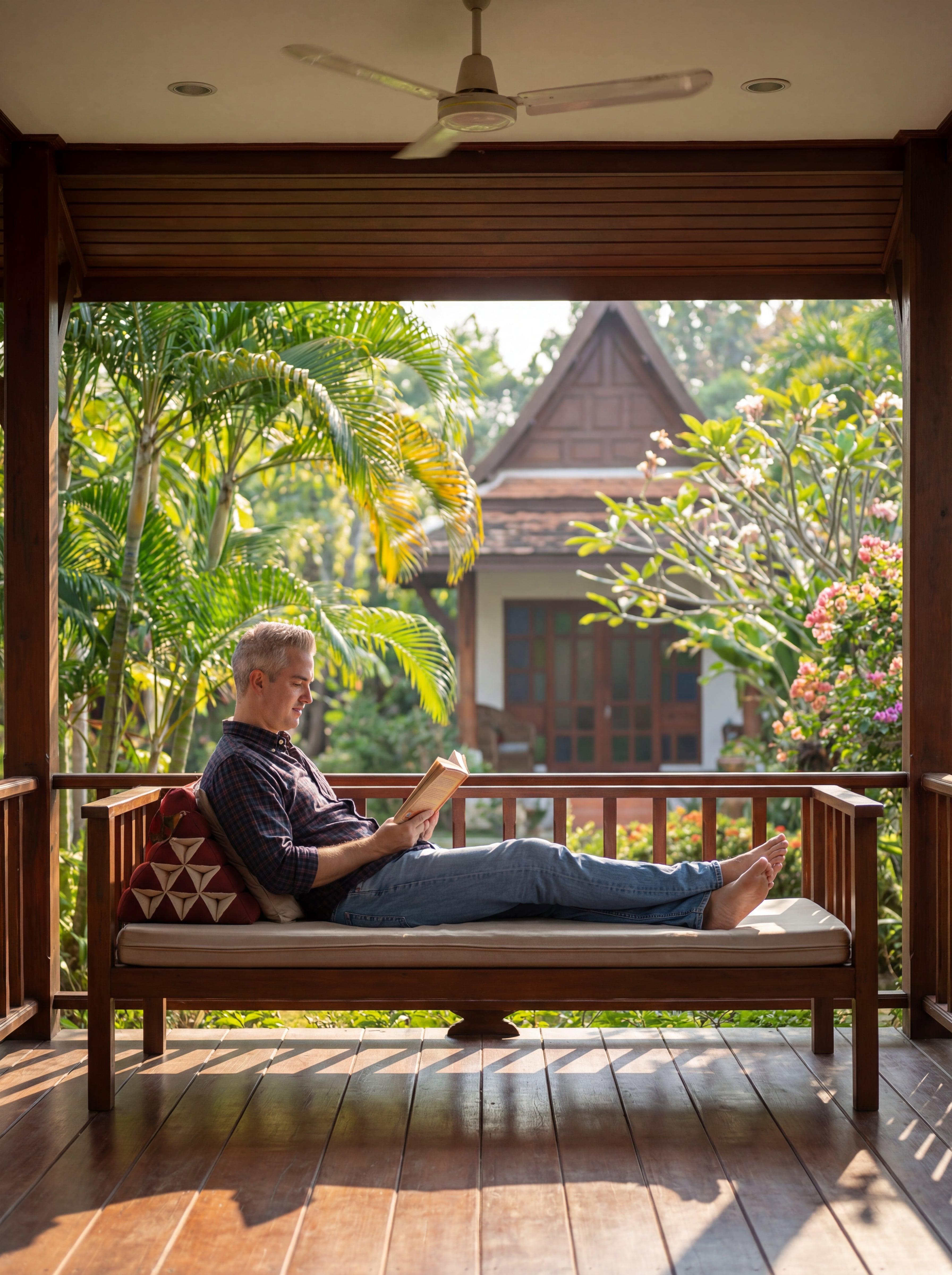 Client reading on the veranda at Jintara Rehab during recovery from alcohol and benzodiazepine dependence