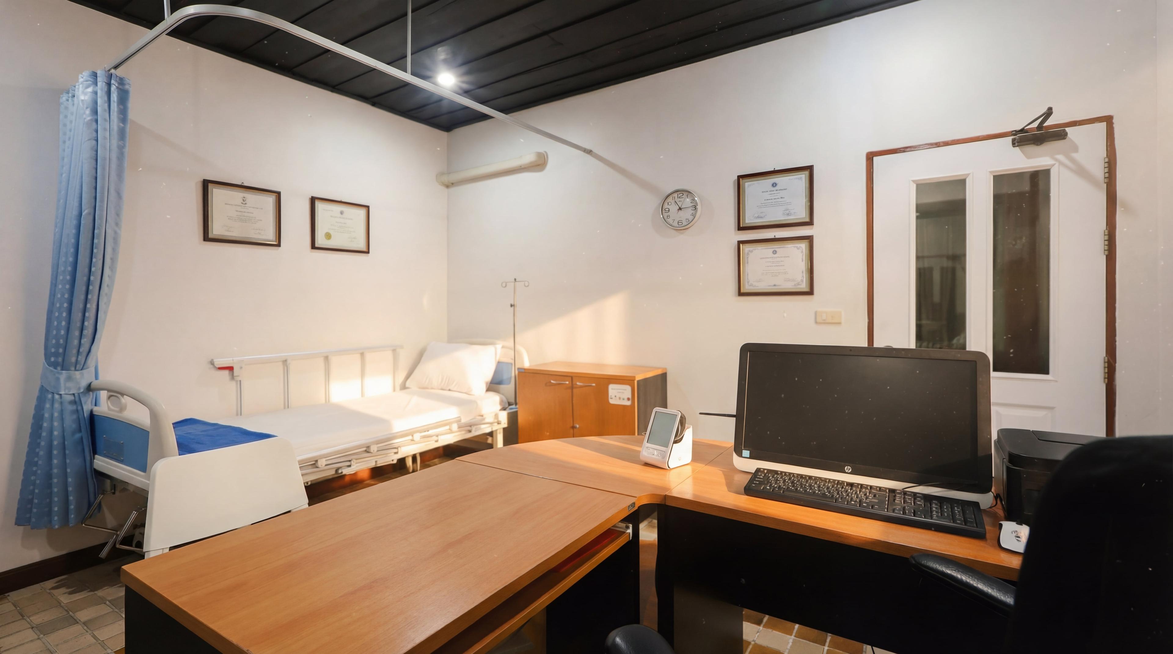 Medical assessment room with certificates and monitoring equipment at Jintara Rehab Chiang Mai